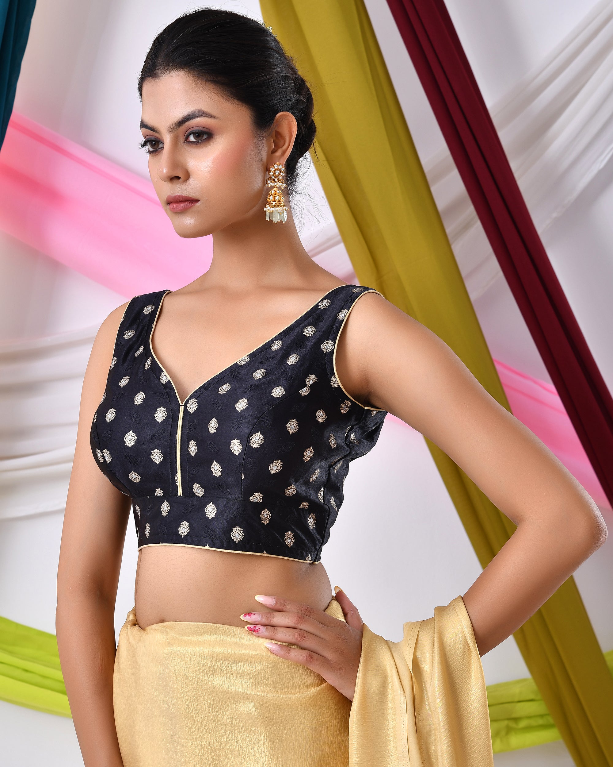 Black Silk V Neck Blouse With Golden Motifs